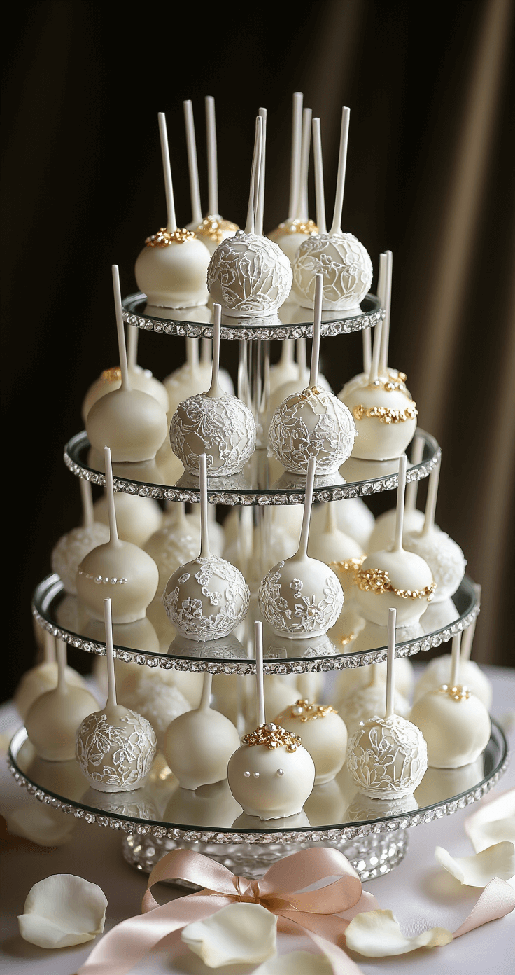 WEDDING CAKE POPS: ELEGANT BITE-SIZED WEDDING DESSERT MAGIC Overhead view of elegantly decorated wedding cake pops on a mirrored tiered stand, featuring white lace patterns, gold accents, and pearl details, surrounded by rose petals and metallic ribbons.