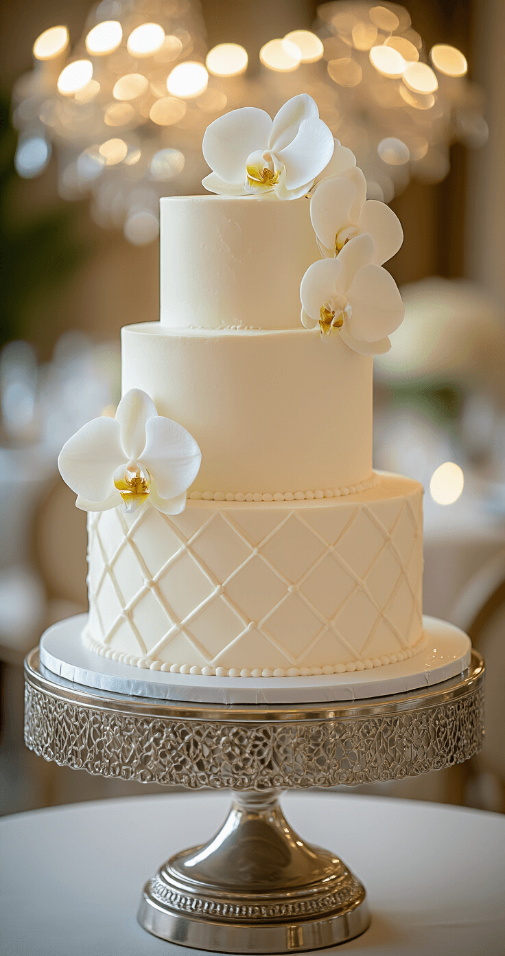 Minimalist Wedding Cake: The Ultimate Elegant Celebration Centerpiece A three-tiered minimalist wedding cake on a silver stand, featuring smooth white buttercream, geometric textures, and a delicate orchid. Captured in golden hour lighting with a soft-focus luxury venue background and bokeh chandelier effects.