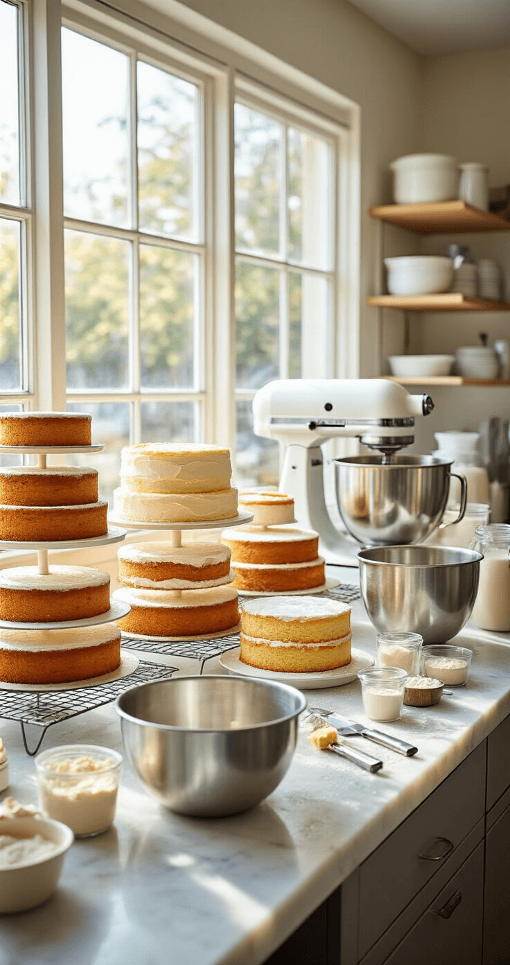 Dream Wedding Cake: The Ultimate Guide to Creating Your Perfect Celebration Centerpiece A bright bakery workspace featuring cooling tiers of golden cake layers on wire racks, with stainless steel mixing bowls, a stand mixer, and neatly arranged ingredients on a marble countertop, illuminated by natural light.