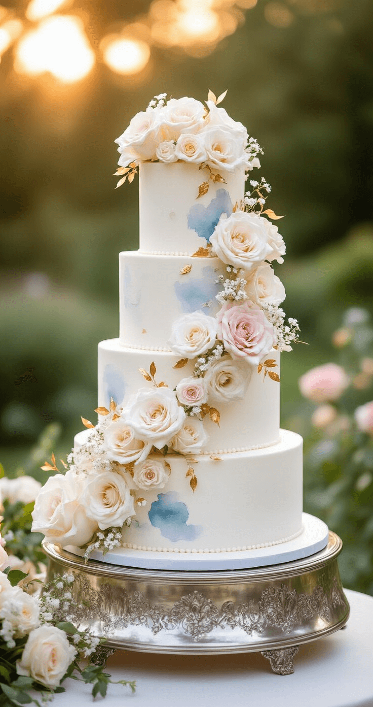 Dream Wedding Cake: The Ultimate Guide to Creating Your Perfect Celebration Centerpiece A four-tiered wedding cake with white fondant, watercolor effects in pale blue and blush pink, cascading sugar flowers, and gold leaf accents, displayed on a silver stand in a garden at golden hour, surrounded by fresh roses and baby's breath.
