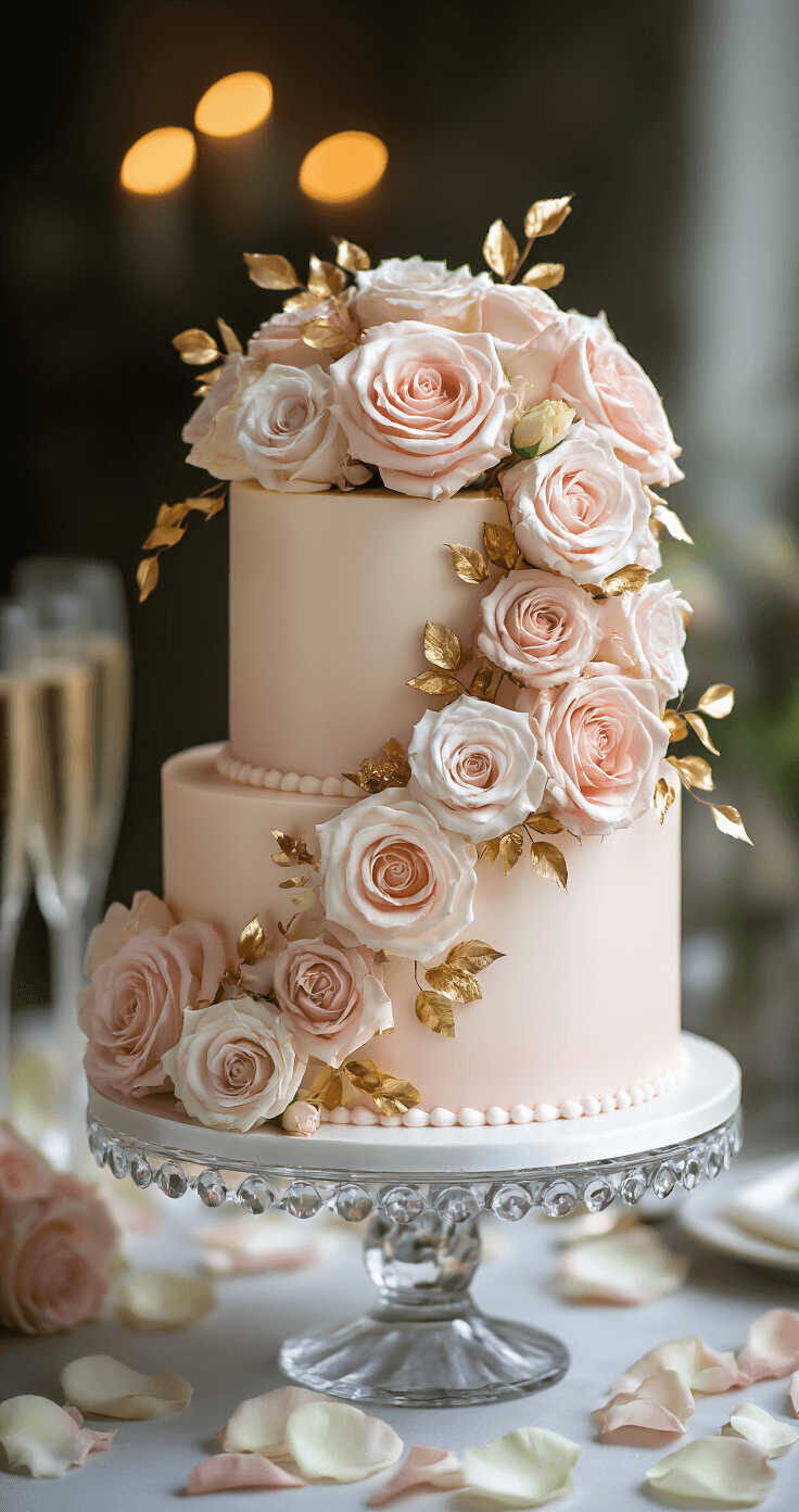 Ultimate Women's Birthday Cake: A Delectable Celebration Masterpiece Elegant two-tier birthday cake in soft pastel pink buttercream, adorned with fresh garden roses and gold leaf accents, displayed on a crystal stand with dramatic side lighting, set in a festive celebration environment with blurred background elements.