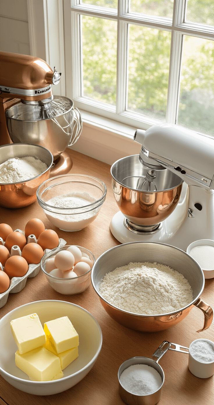 BIRTHDAY CAKE RECIPE: The Ultimate Celebration Centerpiece Overhead view of a sunlit kitchen counter with neatly arranged baking ingredients: copper mixing bowls, farm-fresh eggs, measuring cups with flour, softened butter, and a stand mixer, all illuminated by natural light.