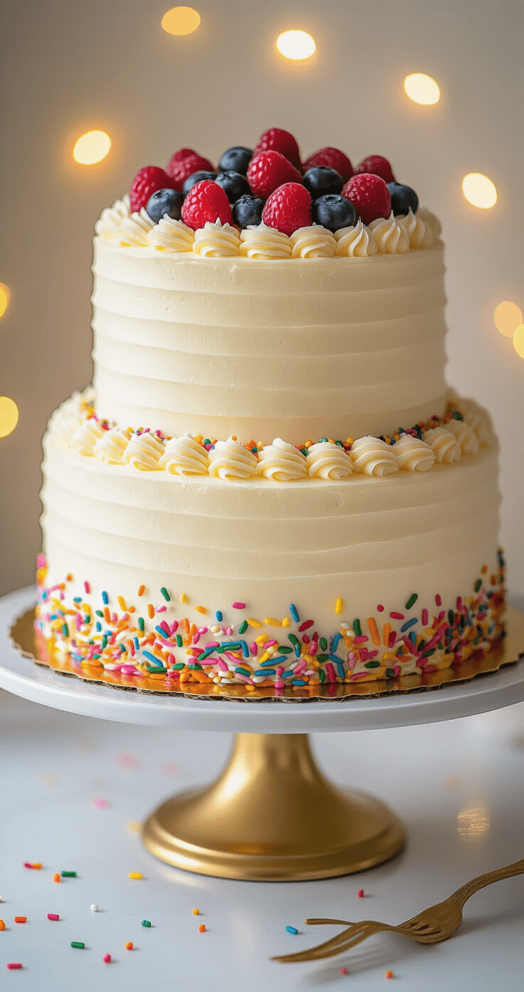 BIRTHDAY CAKE RECIPE: The Ultimate Celebration Centerpiece Close-up of a two-tiered birthday cake with vanilla buttercream frosting, rosette piping, rainbow sprinkles, and fresh berries on a gold cake stand, in warm ambient lighting.
