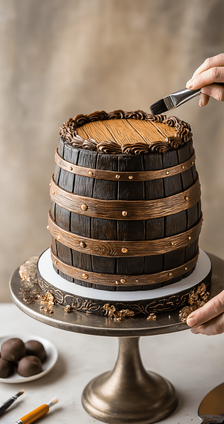 Ultimate Men's Birthday Cake Guide: From Classic to Crazy Cool Close-up of a beautifully decorated dark whiskey barrel cake on a rotating stand, showcasing fondant wood grain, metallic highlights, and surrounding decorating tools, illuminated by soft directional lighting.