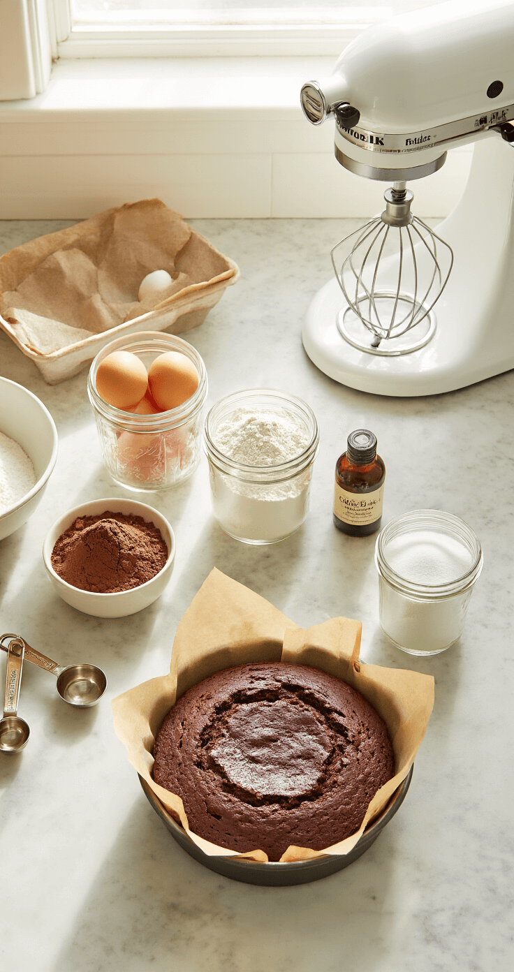 The Ultimate Boyfriend Birthday Cake: A Sweet Celebration of Love Cinematic overhead view of a sunlit kitchen counter with vintage mason jars of flour, cocoa powder, and sugar, farm-fresh eggs, and vanilla extract, alongside a professional stand mixer; gentle morning light casts shadows on a marble surface adorned with vintage measuring spoons and a parchment-lined 8-inch cake pan.