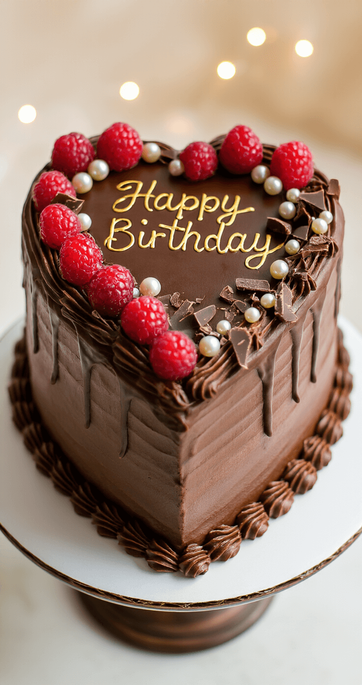 The Ultimate Boyfriend Birthday Cake: A Sweet Celebration of Love A beautifully decorated chocolate heart cake with smooth frosting, fresh red berries, delicate chocolate shavings, and metallic edible pearls, displayed on an elegant cake stand with a handwritten gold birthday message, all captured in professional food photography style against a soft-focus background.