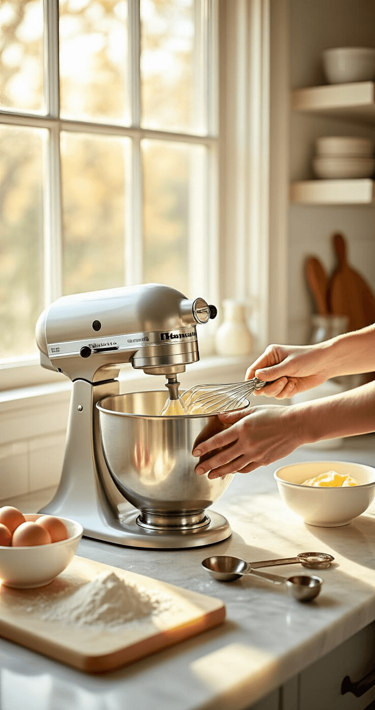 BIRTHDAY CAKE FOR HUSBAND: THE ULTIMATE PERSONALIZED CELEBRATION GUIDE Hands creaming butter and sugar in a stainless steel stand mixer on a sunlit kitchen countertop, surrounded by farm-fresh eggs, vanilla extract, measured flour in white bowls, a marble pastry board, and vintage measuring spoons.