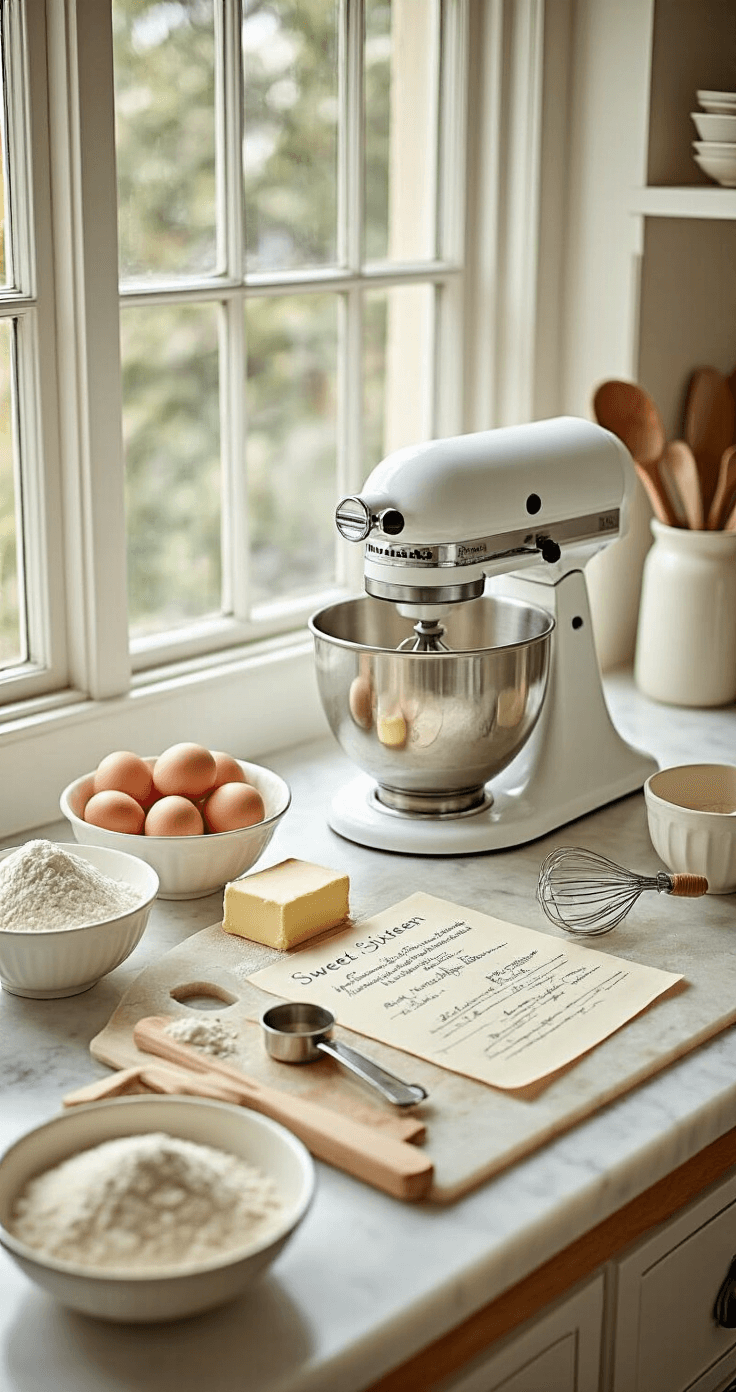 16th Birthday Cake: The Ultimate Celebration Showstopper Close-up of a sunlit kitchen countertop featuring a stand mixer, fresh ingredients in vintage bowls, a marble pastry board with measuring tools, and a handwritten recipe card, all set for baking.