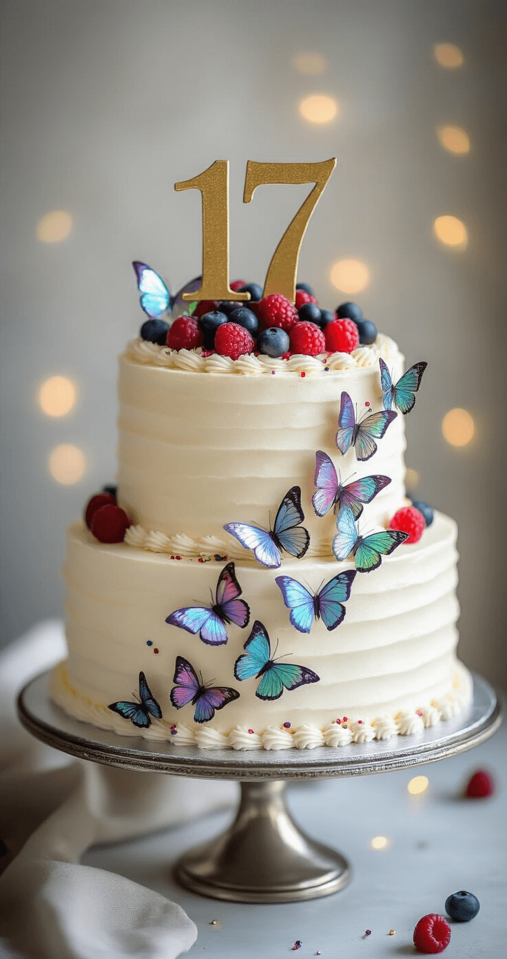 17th Birthday Cake: A Spectacular Celebration Centerpiece A two-layer birthday cake with white buttercream frosting and iridescent edible butterflies, topped with a metallic gold '17' cake topper and surrounded by fresh berries and sprinkles, displayed on a silver cake stand.