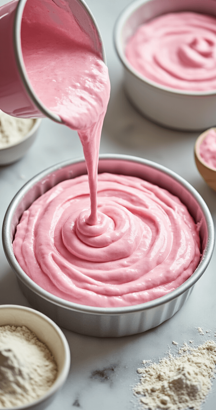 Pretty in Pink: The Ultimate Birthday Cake Recipe Close-up of glossy pink cake batter being poured into lined pans, showcasing its smooth texture and pastel hue, with vintage mixing bowls and a marble countertop in a soft natural light setting.