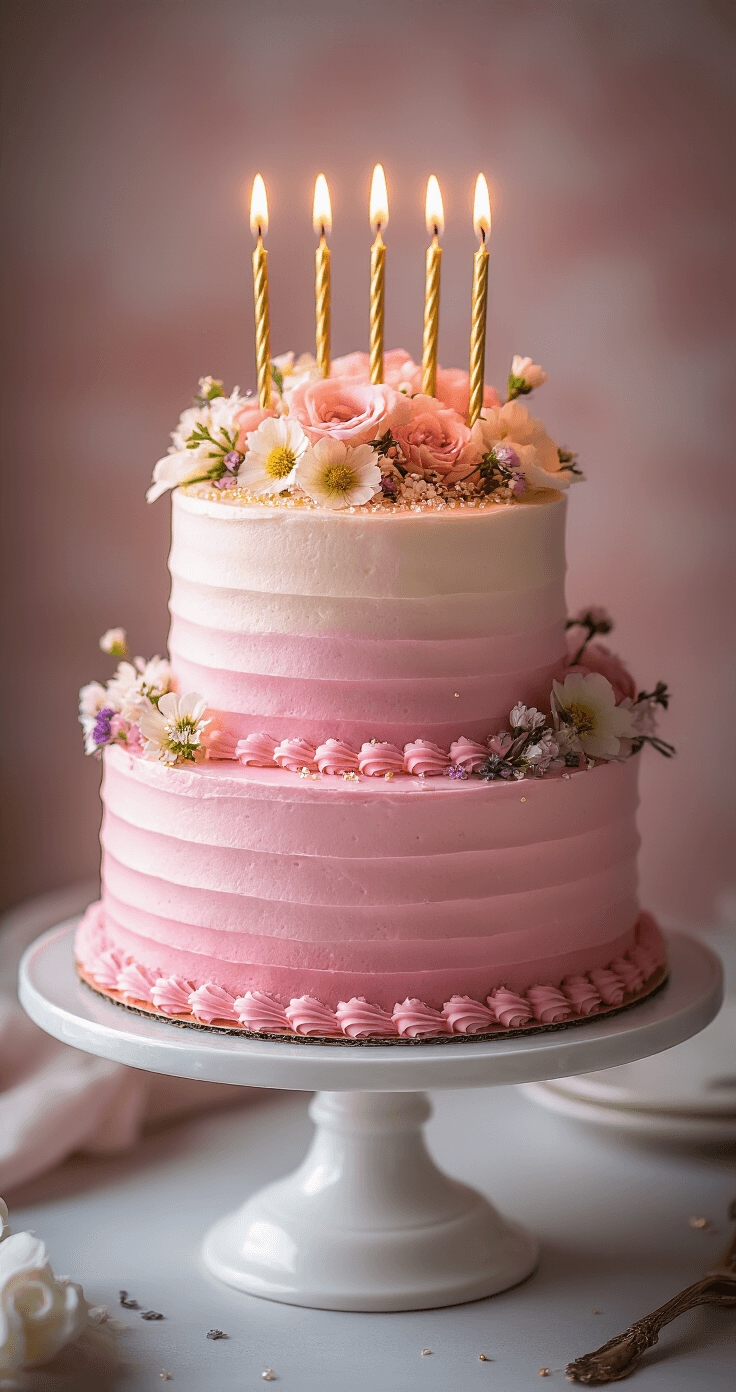 Pretty in Pink: The Ultimate Birthday Cake Recipe A three-tiered pink birthday cake on a white stand, adorned with fresh flowers and sprinkles, with glowing candles and soft smoke in an elegant setting.