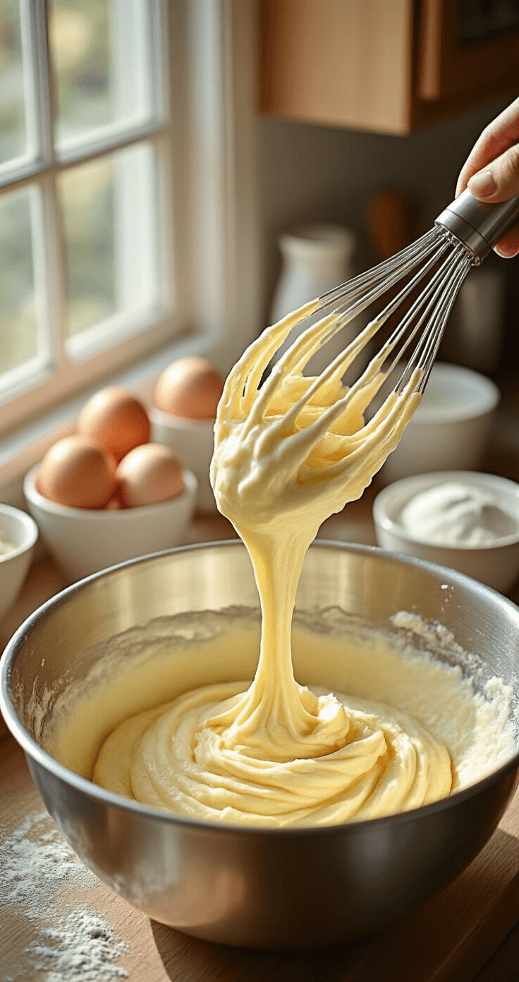 The Ultimate Aesthetic Birthday Cake: A Stunning Centerpiece for Celebration Close-up of luxurious cake batter being mixed in a stainless steel bowl, with golden afternoon light illuminating the silky texture, while fresh eggs and ingredients are elegantly arranged in the background.