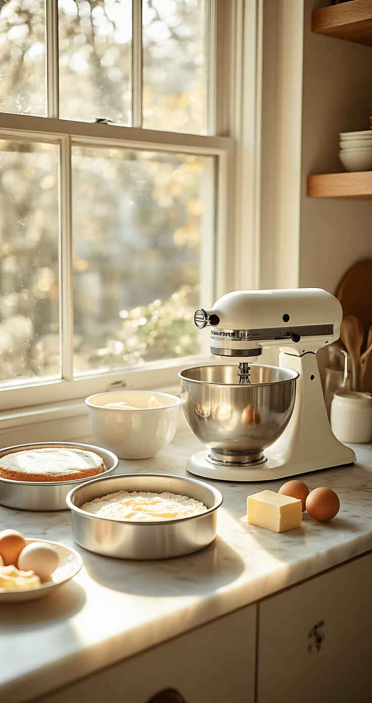 20th Birthday Celebration Cake: The Ultimate Milestone Dessert Professional baking setup bathed in morning sunlight, featuring two 8-inch round cake pans, neatly arranged measuring tools on a marble countertop, and a vintage electric mixer beside softened butter and eggs.