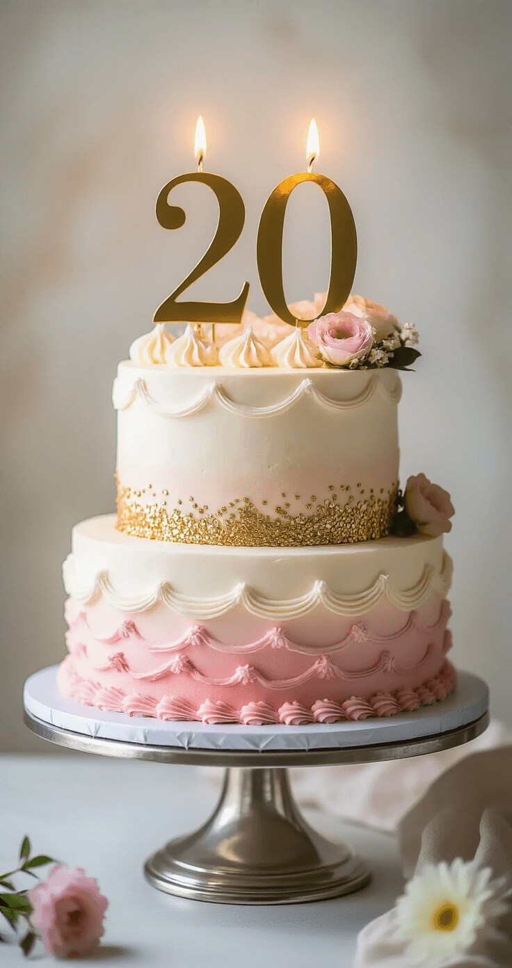 20th Birthday Celebration Cake: The Ultimate Milestone Dessert Stunning two-tiered 20th birthday cake with ombre blush pink to white frosting, vintage piping, metallic sprinkles, a gold '20' topper, and fresh flowers, displayed on a silver stand with a soft-focus background.