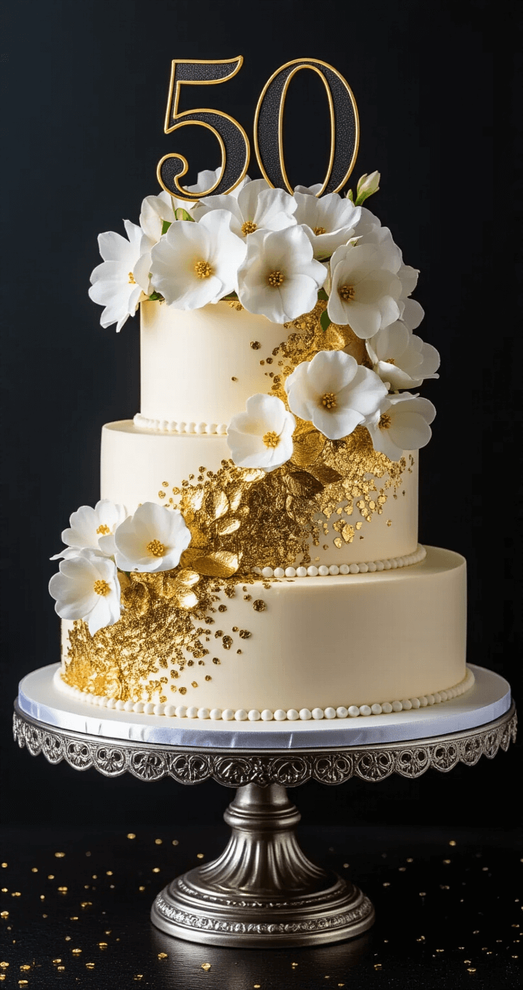 50th Birthday Cake: The Ultimate Celebration Centerpiece Three-tiered 50th celebration cake on a silver stand, adorned with gold leaf, white flowers, and black fondant '50' topper, featuring a gradient of metallic gold sprinkles and pearl accents.