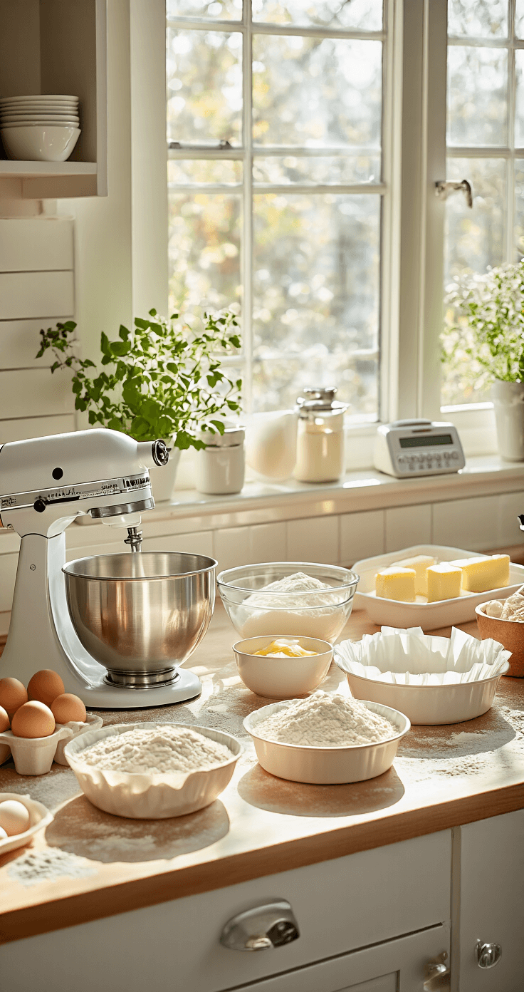 20th Birthday Cake: The Ultimate Celebration Centerpiece A sunlit kitchen counter arranged with baking ingredients like flour, eggs, butter, and sugar, featuring professional mixing bowls, an electric mixer, measuring cups, and a digital scale, with two lined 9-inch cake pans nearby.