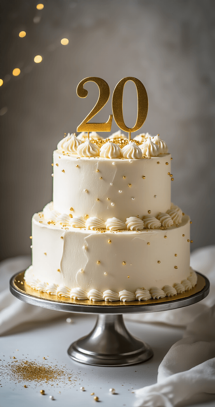 20th Birthday Cake: The Ultimate Celebration Centerpiece A beautifully crafted two-layer 20th birthday cake with white buttercream frosting, gold '20' topper, and shimmering edible decorations on a silver stand.
