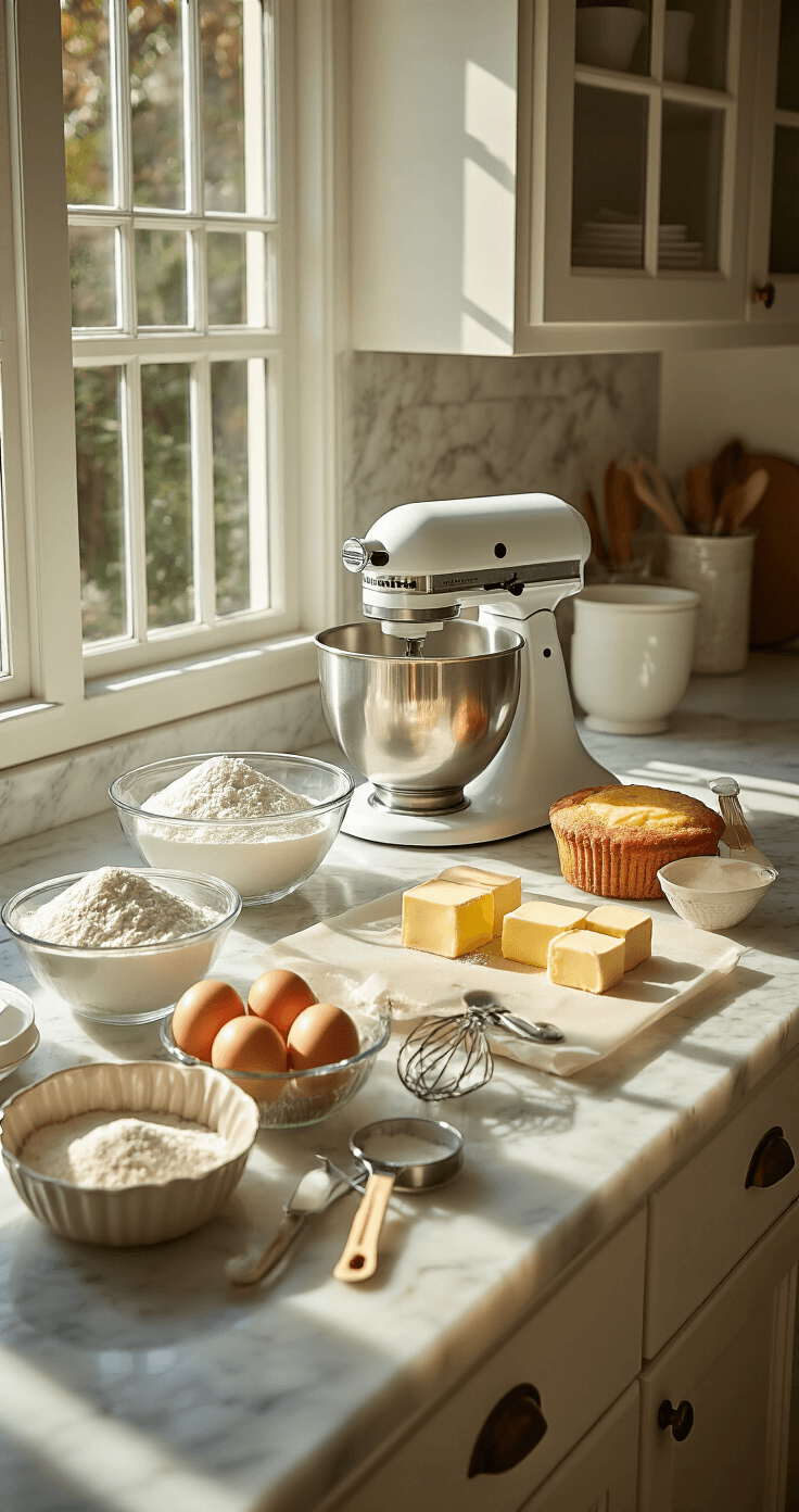 22nd Birthday Cake: The Ultimate Celebration Masterpiece A sunlit modern kitchen countertop with elegantly arranged baking ingredients, including flour, eggs, butter, and sugar in glass bowls, beside a professional stand mixer and lined cake pans, under warm natural light.
