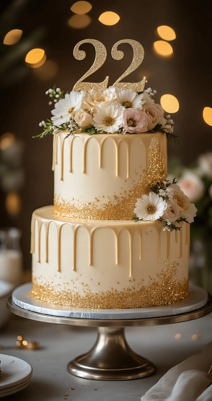 22nd Birthday Cake: The Ultimate Celebration Masterpiece A two-tiered birthday cake on a silver stand, featuring pastel buttercream, golden drips, a metallic '22' topper, fresh flowers, and edible glitter, with a blurred festive background.