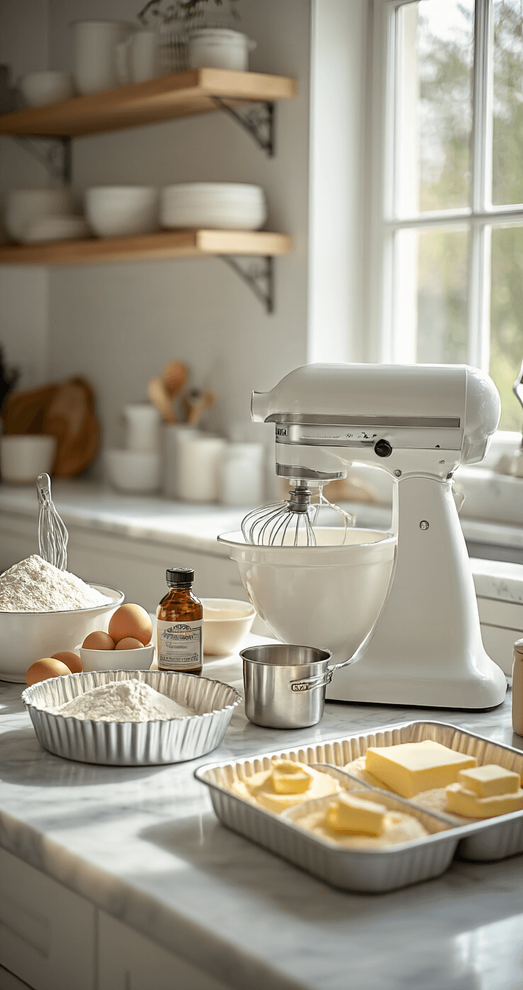 BIRTHDAY CAKE FOR MOM: THE ULTIMATE CELEBRATION GUIDE A sunlit modern kitchen features marble countertops with organized baking ingredients, including flour, eggs, vanilla extract, and butter, alongside an electric mixer and lined cake pans, all bathed in natural light.