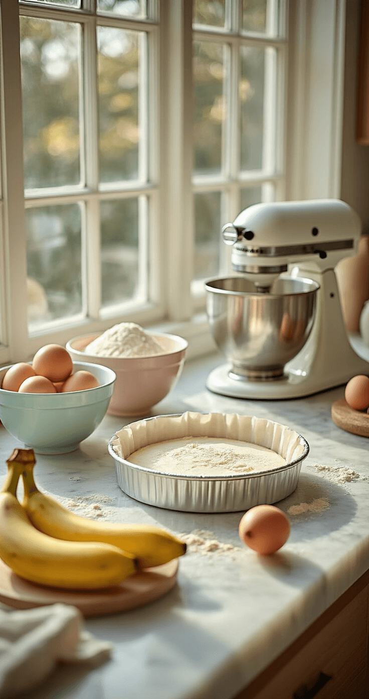 First Birthday Cake: The Ultimate Smash Cake Guide Bright, airy kitchen with natural sunlight, featuring a marble countertop arranged with baking ingredients like bananas, eggs, and flour, a lined cake pan, pastel mixing bowls, and a vintage mixer, all set in a soft focus background.