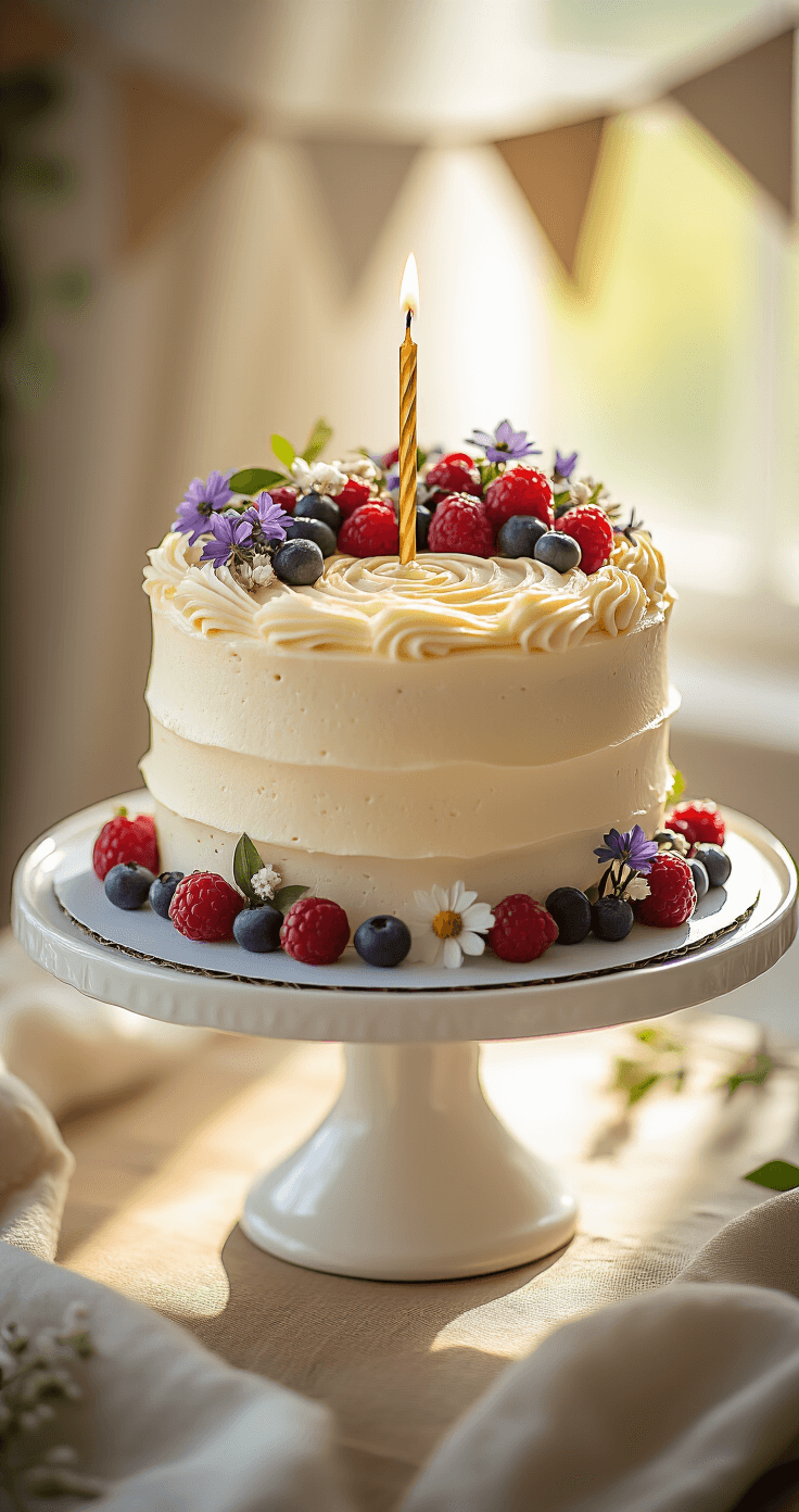 First Birthday Cake: The Ultimate Smash Cake Guide Close-up of a rustic-style smash cake on a white stand, featuring natural frosting with swirl patterns, decorated with edible flowers and fresh berries, topped with a golden birthday candle, illuminated by warm afternoon light against a blurred vintage bunting background.