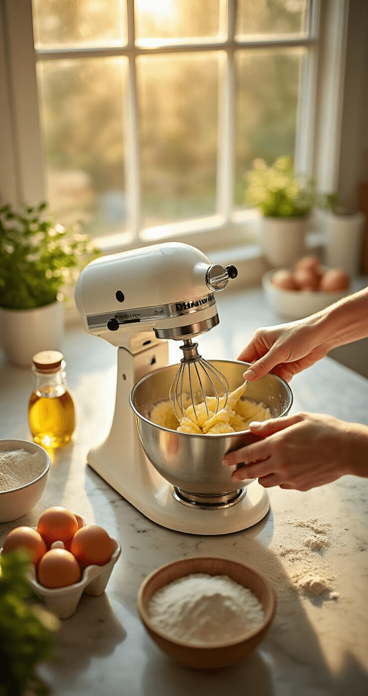 19th Birthday Cake: The Ultimate Celebration Centerpiece Cinematic overhead view of a sunlit kitchen countertop with hands creaming butter and sugar in a stand mixer, surrounded by fresh ingredients like eggs, vanilla extract, and flour, all illuminated by golden afternoon light.