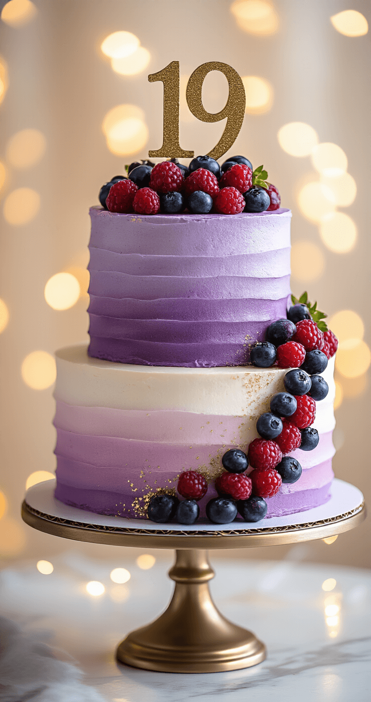19th Birthday Cake: The Ultimate Celebration Centerpiece A close-up of a stunning two-tier 19th birthday cake with gradient purple-to-lilac frosting, topped with a metallic gold '19' and adorned with fresh berries and edible glitter, beautifully presented on an elegant cake stand against a soft bokeh background.