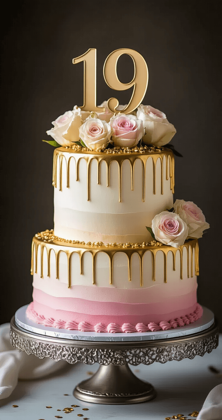 19th Birthday Cake: The Ultimate Celebration Centerpiece Close-up of a stunning two-tier 19th birthday cake with ombre pink to white buttercream frosting, gold drip details, a metallic '19' topper, and fresh roses on an ornate silver stand, all illuminated by soft studio lighting.