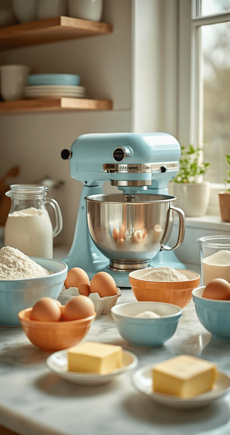 BLUEY BIRTHDAY CAKE: THE ULTIMATE CHARACTER CELEBRATION CAKE A pristine kitchen countertop with baking ingredients including flour, eggs, and butter, centered around a stand mixer, pastel mixing bowls, and vibrant gel food colorings, all illuminated by warm natural light.