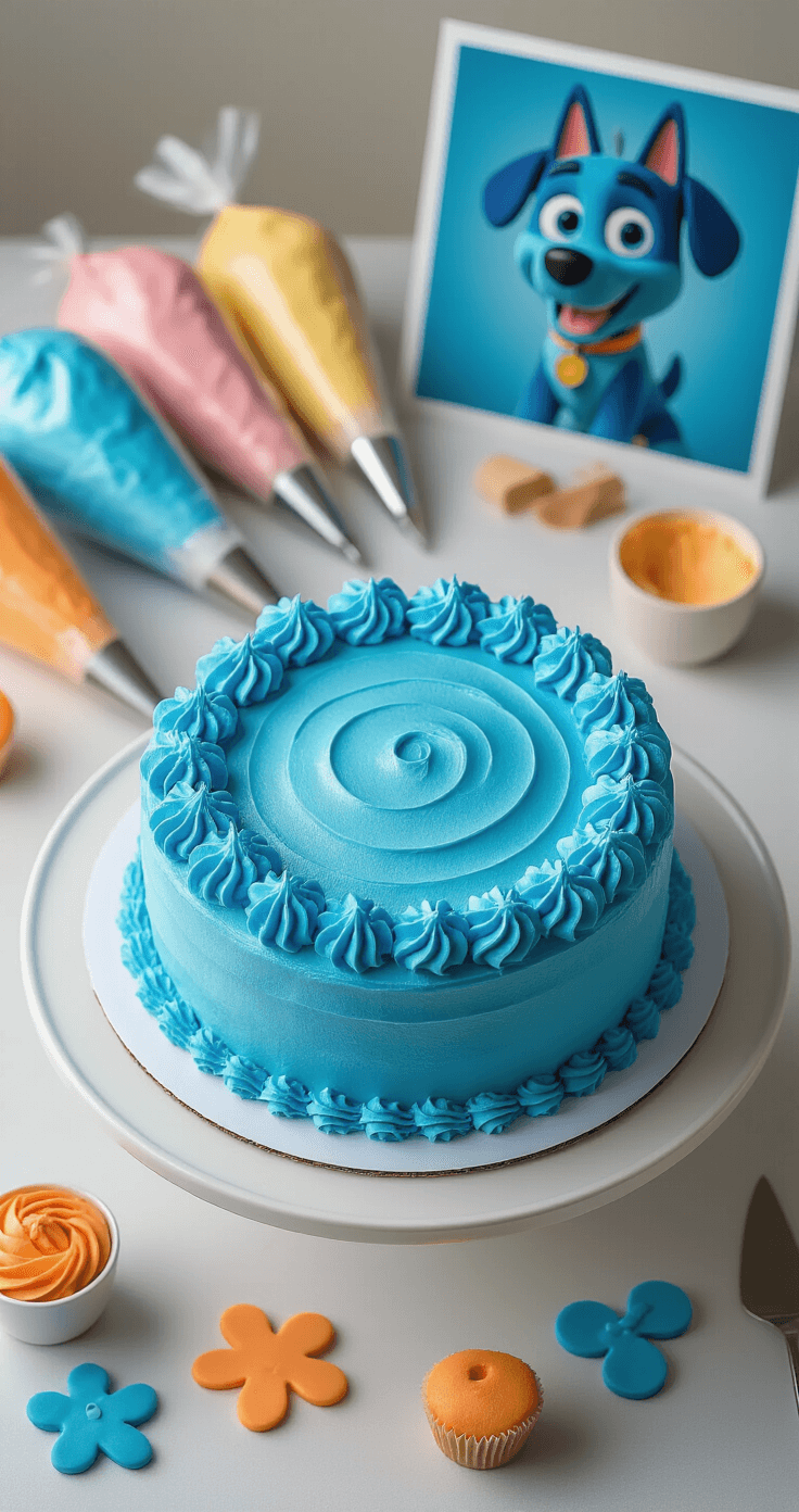 BLUEY BIRTHDAY CAKE: THE ULTIMATE CHARACTER CELEBRATION CAKE Overhead view of a round blue cake on a white rotating stand, mid-decoration with shades of blue and orange buttercream, fondant tools, and a reference image of Bluey in the background.