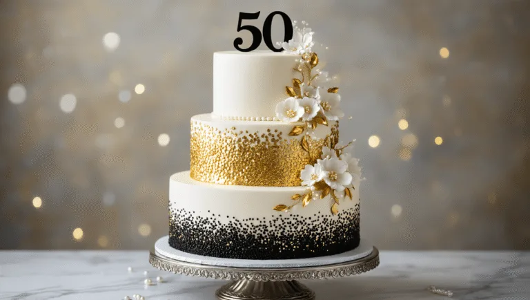 50th Birthday Cake: The Ultimate Celebration Centerpiece A luxurious three-tiered celebration cake with white buttercream frosting, gold leaf accents, and a black fondant "50" topper, elegantly displayed on a silver cake stand with a marbled backdrop and soft bokeh.