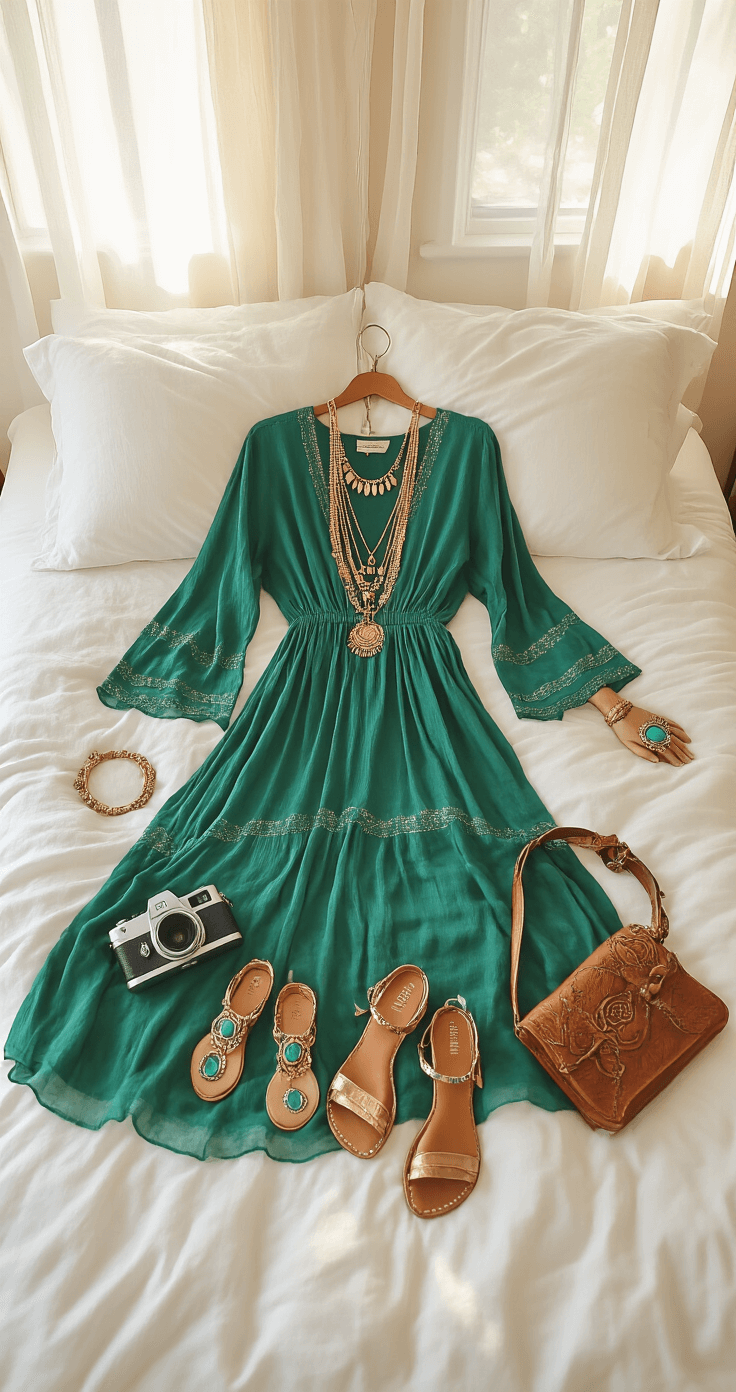 Festival Fashion: How to Create Show-Stopping Music Festival Outfits Close-up of a boho-chic bedroom featuring a flowing emerald green maxi dress with metallic thread details laid on a white duvet, surrounded by layered gold necklaces, leather sandals, a statement turquoise ring, and a hand-tooled leather belt, all illuminated by morning light streaming through gauzy curtains.
