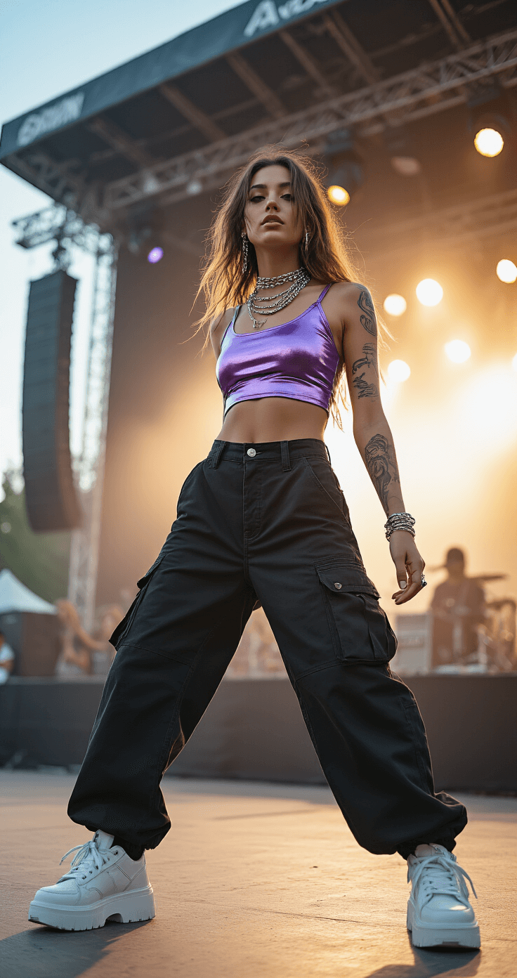 Festival Fashion: How to Create Show-Stopping Music Festival Outfits A dynamic sunset festival scene featuring a female model dancing in high-waisted black cargo pants and a metallic purple crop top, with chunky white platform sneakers. She adorned with delicate silver chains and metallic tattoos, captured in motion blur with backlighting from stage lights, evoking an energetic atmosphere.