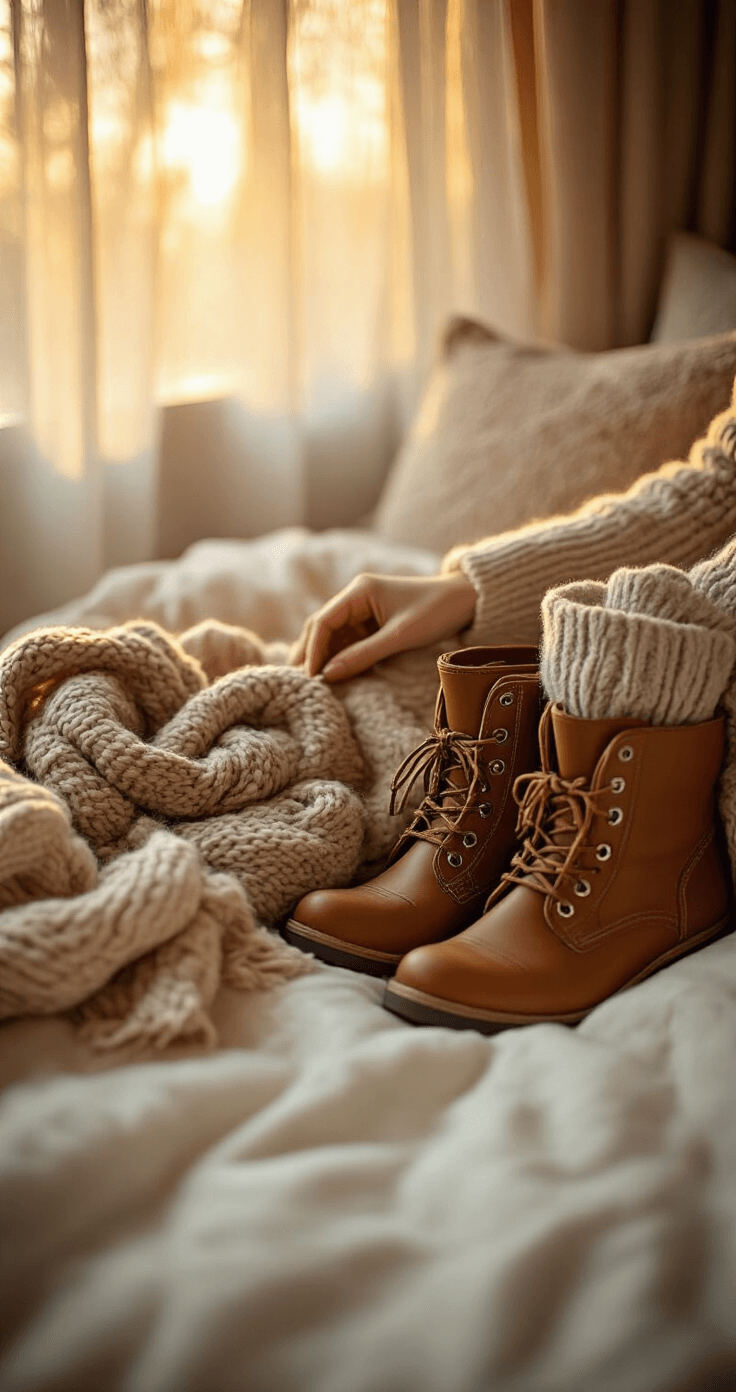 10 Game-Changing Fashion Tips for Dress to Impress on Roblox Cozy bedroom corner bathed in warm golden hour light, featuring hands arranging winter accessories on a plush white duvet, including chunky knit scarves, leather boots with patterned socks, and delicate layered jewelry, captured with a soft bokeh effect and shallow depth of field.