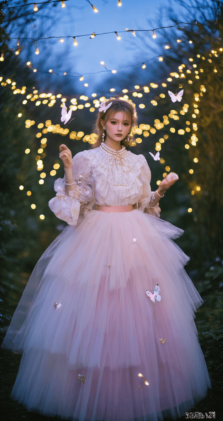 10 Game-Changing Fashion Tips for Dress to Impress on Roblox A model in a whimsical pastel tulle skirt and puffed sleeve blouse adorned with pearls stands in an enchanted garden at twilight, surrounded by twinkling fairy lights and butterfly accessories, captured with a dreamy bokeh effect.
