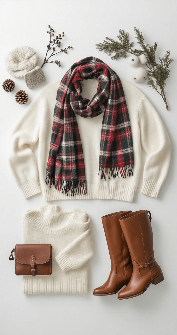 10 Game-Changing Fashion Tips for Dress to Impress on Roblox A minimalist photography studio illuminated by soft natural light features a flat lay of winter outfits, including cashmere sweaters, plaid scarves, and leather boots, artfully arranged to showcase textures and coordinated accessories in a high-end editorial style.