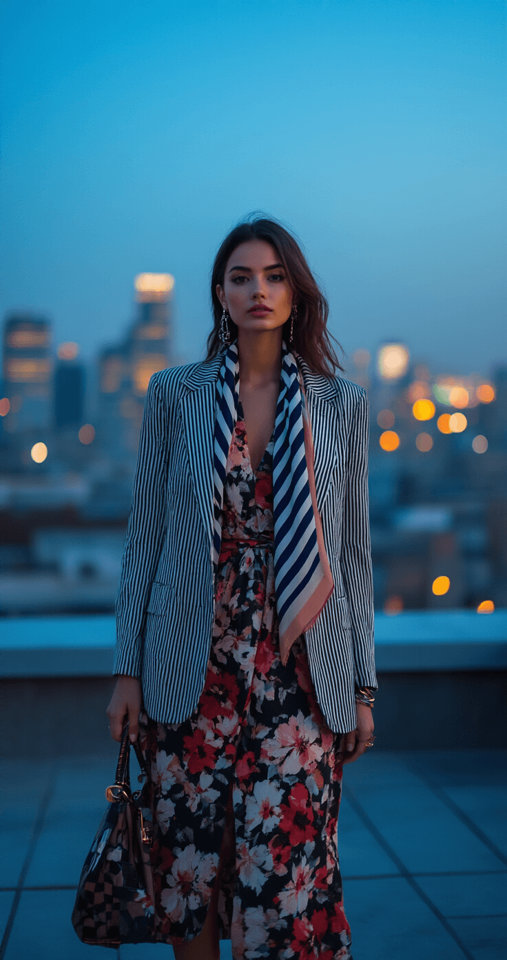 10 Game-Changing Fashion Tips for Dress to Impress on Roblox Fashion blogger in a floral midi dress with a striped blazer and geometric print scarf, posing on an urban rooftop at blue hour with blurred city lights in the background.