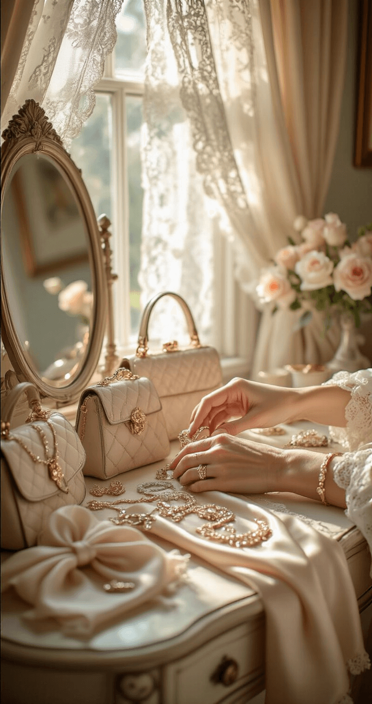 10 Game-Changing Fashion Tips for Dress to Impress on Roblox Close-up of a vintage-inspired bedroom with morning light filtering through lace curtains, showcasing hands arranging delicate jewelry, silk scarves, and classic handbags on an antique vanity, in a soft, romantic atmosphere.
