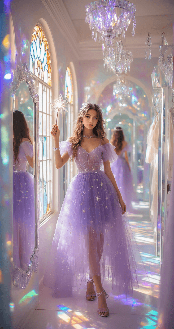 Ultimate Roblox Dress to Impress Codes: Your Complete Fashion Guide (July 2025) A young fashion blogger poses in a sunlit, crystal-filled dressing room, wearing a lavender tulle dress adorned with constellation patterns, alongside a glowing wand accessory, with floating mirrors and iridescent walls in the background, and soft light creating prismatic effects through stained glass windows.