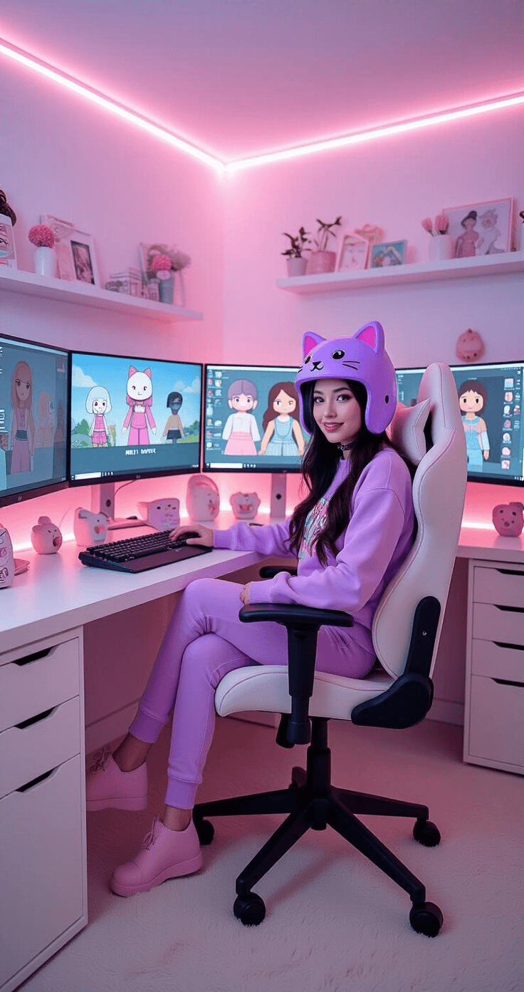 Ultimate Roblox Dress to Impress Codes: Your Complete Fashion Guide (July 2025) A cozy pink and white gaming room featuring a fashion influencer in a purple cat helmet and pastel outfit, seated in a designer gaming chair. Multiple monitors showcase Roblox fashion designs in a clean, minimalist desk setup adorned with cute accessories, all illuminated by LED accent lighting during blue hour, with ring light highlights.