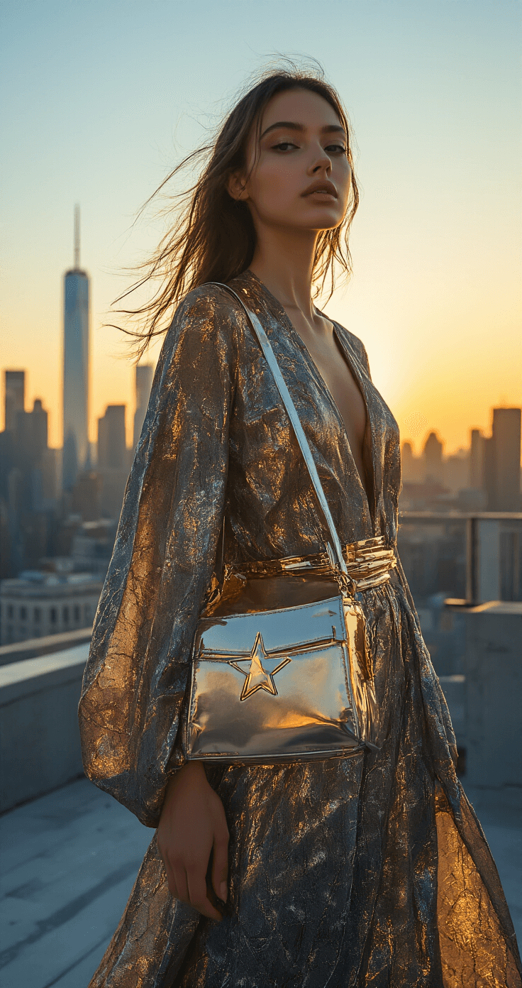 Ultimate Roblox Dress to Impress Codes: Your Complete Fashion Guide (July 2025) Model showcasing avant-garde street style on an urban rooftop at golden hour, wearing a star bag and metallic-accented outfit. The flowing fabrics capture movement against a city skyline, framed by modern architecture, with natural backlight enhancing the scene.
