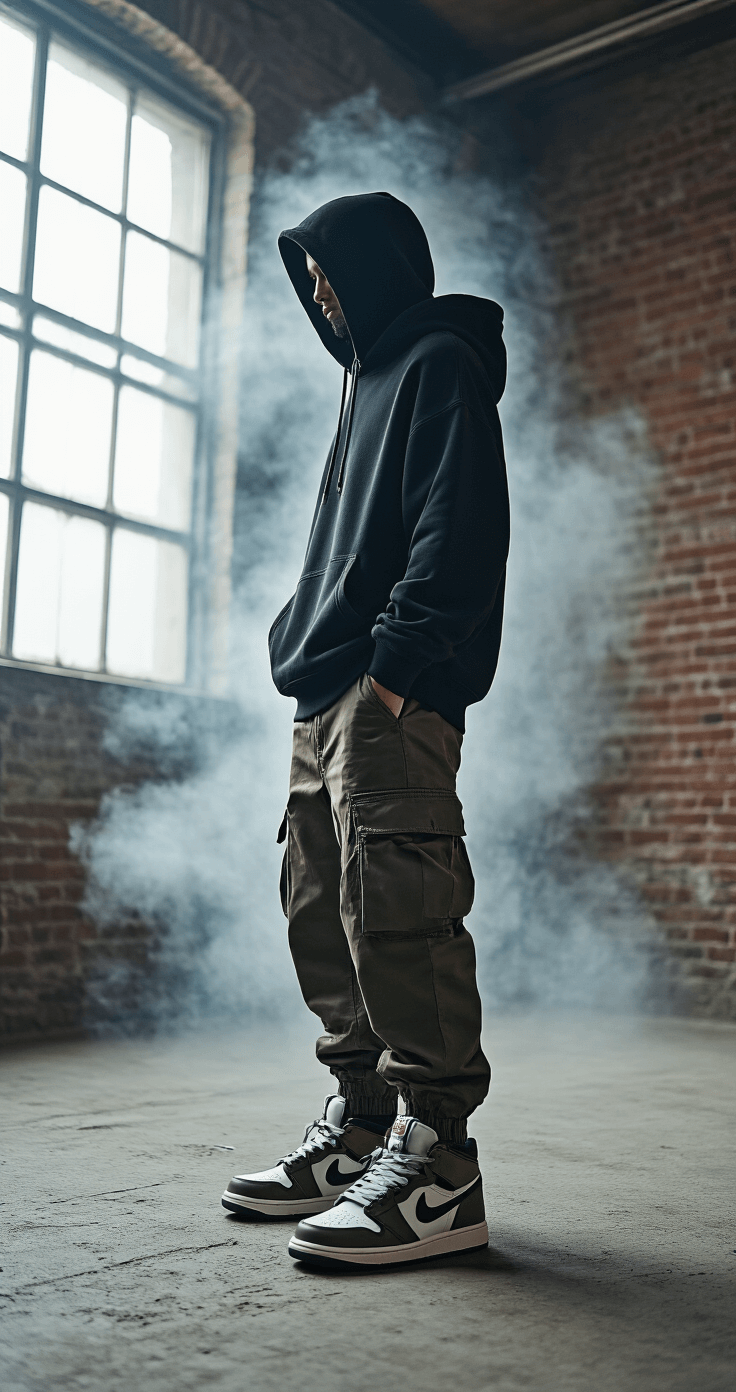Ultimate Roblox Dress to Impress Codes: Your Complete Fashion Guide (July 2025) A model wearing an oversized hoodie, cargo pants, and limited edition sneakers poses in an industrial loft with exposed brick and large windows, highlighted by dramatic side lighting and smoke effects. Shot in an editorial style with a Canon R5 camera.