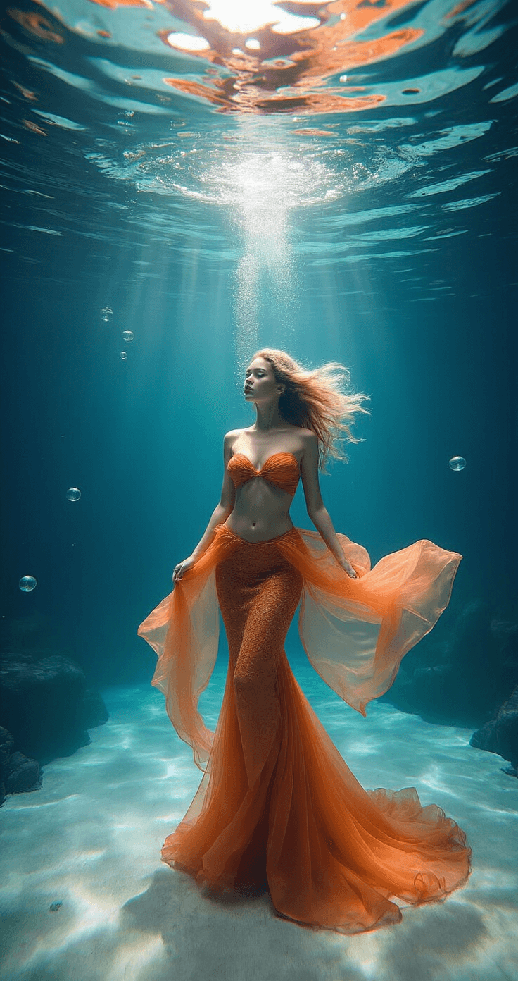 Ultimate Roblox Dress to Impress Codes: Your Complete Fashion Guide (July 2025) A model wearing an orange mermaid costume poses gracefully underwater amidst flowing fabrics and floating elements, illuminated by magical caustic lighting, captured in a wide-angle shot.