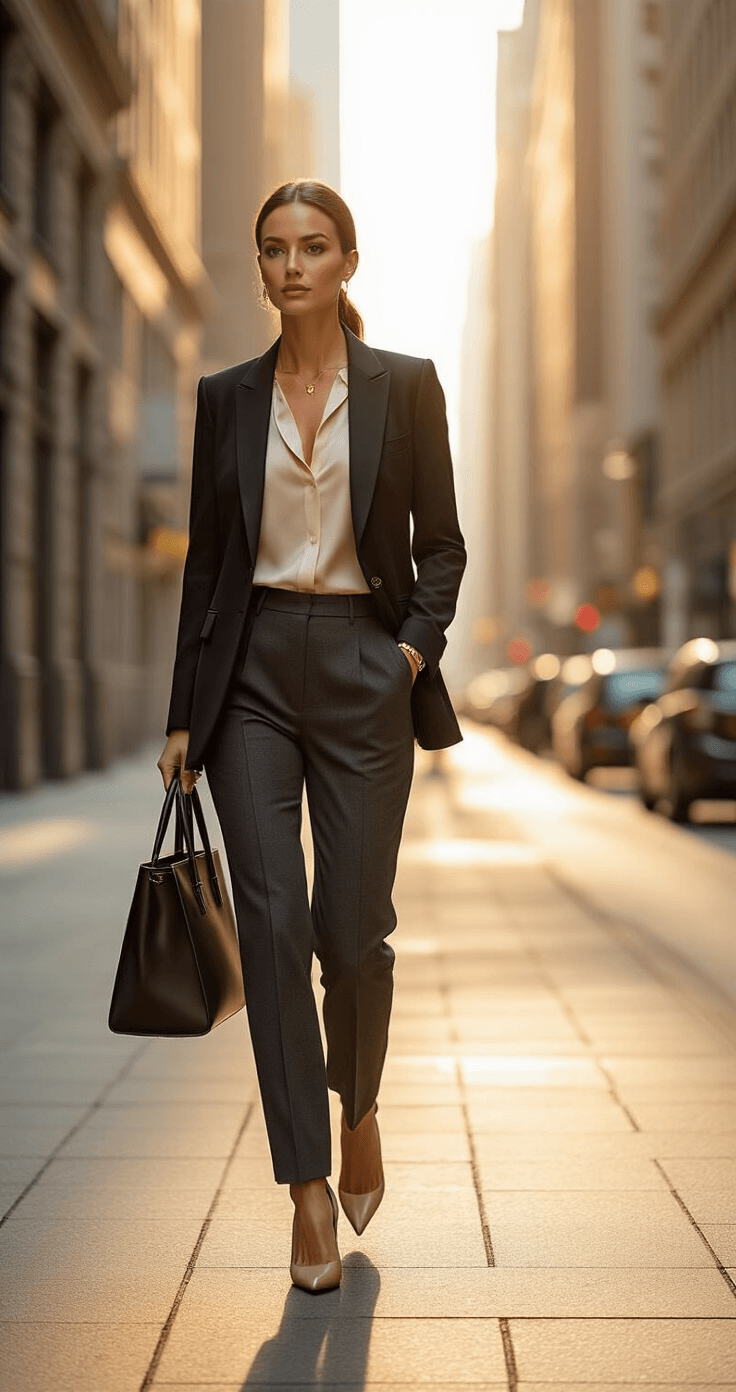 How to Master Your "Dress to Impress" Style: A Real Girl's to Chic Fashion A confident professional woman in a tailored black blazer and cream blouse walks on a sleek city sidewalk, with soft golden sunlight streaming between buildings, captured from a low angle to emphasize her power pose.