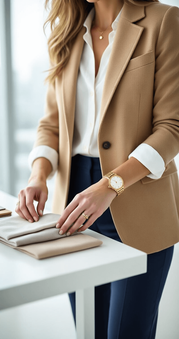 How to Master Your "Dress to Impress" Style: A Real Girl's to Chic Fashion Close-up of a modern office outfit featuring a camel cashmere blazer, white silk button-down, and navy high-waisted trousers on a minimalist white desk, with a gold watch and bracelet stack visible, set against bright floor-to-ceiling windows.