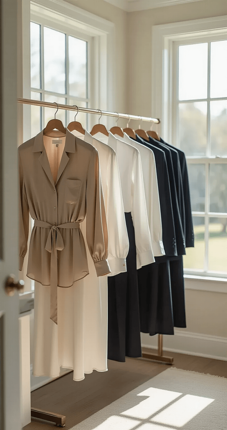 How to Master Your "Dress to Impress" Style: A Real Girl's to Chic Fashion A bright walk-in closet with large windows, showcasing a curated rack of neutral clothing including beige silk blouses, white button-downs, black and navy trousers, and various blazers, all highlighting quality stitching and fabric textures in soft, diffused light.