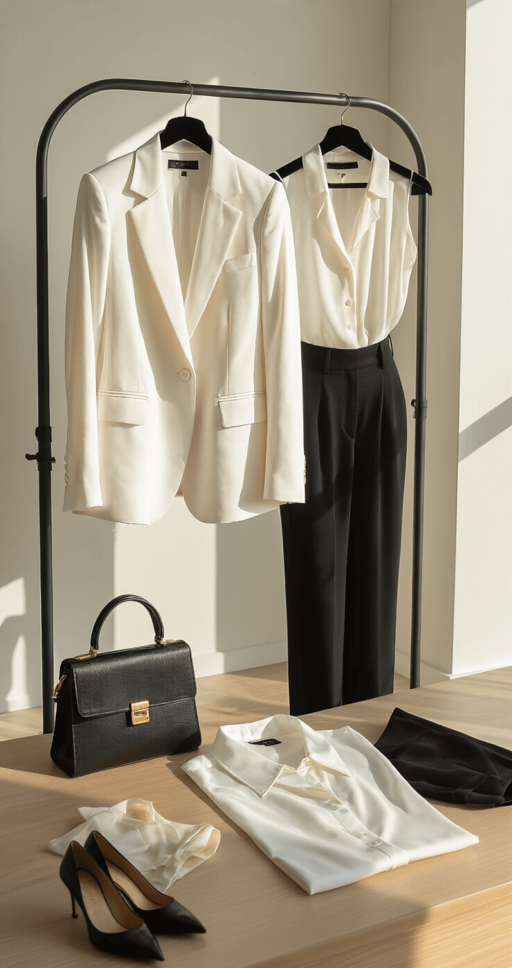 How to Master Your "Dress to Impress" Style: A Real Girl's to Chic Fashion A clean and contemporary apartment bathed in afternoon light showcases an outfit laid out for an important meeting, featuring a pressed white blazer on a velvet hanger, a silk blouse, high-waisted black trousers, polished black leather pumps, and a structured bag, all highlighting crisp details and careful preparation.