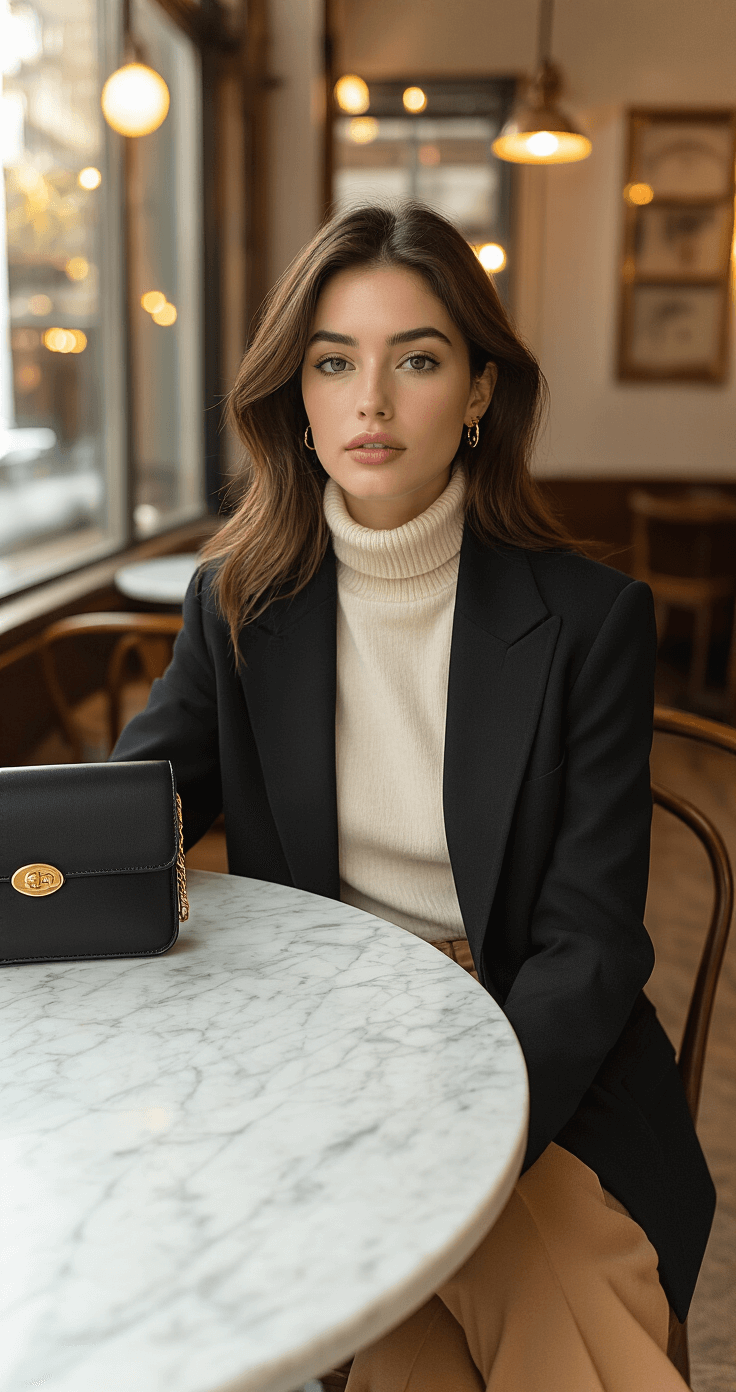How to Master Your "Dress to Impress" Style: A Real Girl's to Chic Fashion A stylish individual seated at a marble table in a warmly lit city cafe, wearing a cream turtleneck, high-waisted camel trousers, and an oversized black blazer, accessorized with minimal gold jewelry and a classic black leather bag, captured from a slight elevation with a shallow depth of field.