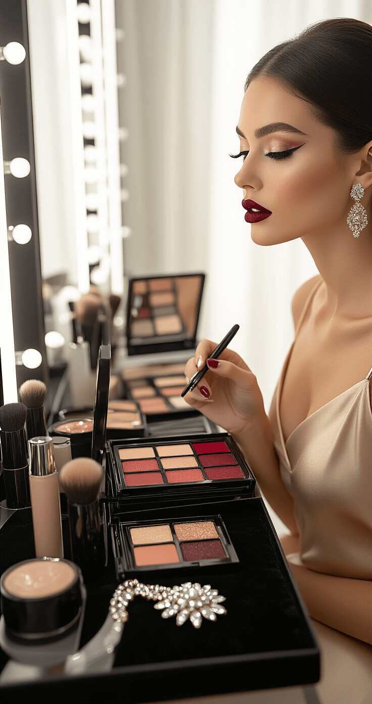 Rock Your Red Carpet Moment: The Ultimate Guide to Oscars-Worthy Style Close-up of a modern makeup studio with diffused morning light, featuring a makeup artist applying bold burgundy lipstick to a model in a champagne silk slip dress. The scene showcases a vanity mirror with premium makeup products, highlighting palettes, and professional brushes, alongside an elaborate diamond and pearl jewelry set on a black velvet tray, captured from the artist's perspective.